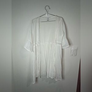 LIFE Love Is For Eternity White Boho Kimono Cover Up Cardigan Crochet Trim Med